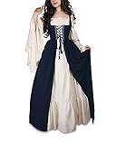 Guiran Damen Mittelalterliche Kleid mit Trompetenärmel Mittelalter Party Kostüm Maxikleid Blau L