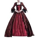SALUC1A Damen Mittelalter Gothic Kleid Spitze Satin Trompetenärmel Bodenlanges Retro Kostüm Gewand Viktorianisches Renaissance Prinzessin Kleidung Gr.34-44