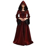 BLESSUME Mittelalterlich Kleid Mit Kapuze Gothic Damen Renaissance Costume (Burgund, XL)