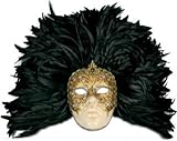 Karneval - Halloween - venezianische Maske - Piuma grande volto macrame oro piume nere