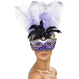 NET TOYS Venezianische Maske mit Federn lila Venedig Maske lila Silber Venedigmaske Augenmaske Federmaske Maskenball Karneval