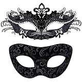 SIQUK 2 Stück Venezianische Maske Paar Maskerade Mask Venezianischen Maske Kostüm Masken für Damen Herren Halloween Karneval Party, Schwarz