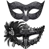 SIQUK 2 Stück Venezianischen Maske Paar Masquerade Maske Maskerade Masken Venezianischen Maske für Damen Herren Halloween Karneval Party Kostüm, Schwarz
