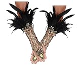 KELAND Damen Schwarz Feder Spitze Fingerlose Lange Handschuhe für Hochzeit Halloween Maleficent Kostüm (Schwarz und Gold)
