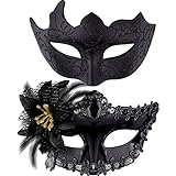 SIQUK 2 Stück Venezianischen Masquerade Maske Paar Maskerade Masken Damen Herren Venezianischen Maske für Halloween Karneval Party Kostüm, Schwarz
